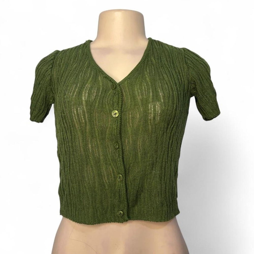 Olive Green Knit Button-Up Top